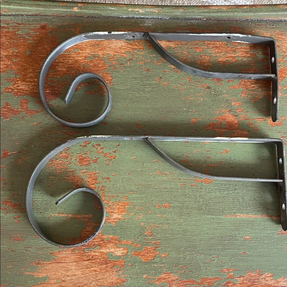 Vintage Hand Forged Metal Scroll Wall Brackets Pair Rustic Farmhouse